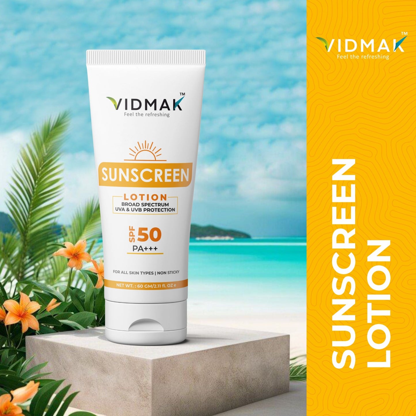 Vidmak SPF 50+++ Sunscreen lotion with Niacinamide, Chamomile, Witch Hazel & Licorice extract | Lightweight, Non-Greasy Sun Protection | Prevents Tanning, Fights Pigmentation & Soothes Skin | Suitable for Men & Women – 60g