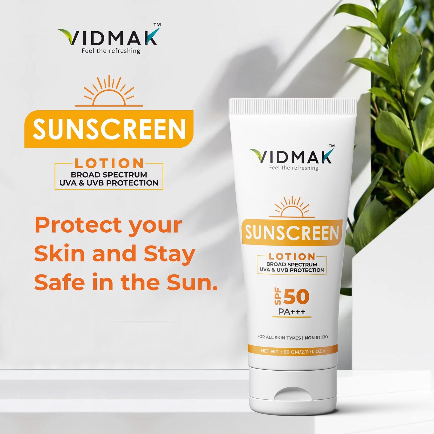 Vidmak SPF 50+++ Sunscreen lotion with Niacinamide, Chamomile, Witch Hazel & Licorice extract | Lightweight, Non-Greasy Sun Protection | Prevents Tanning, Fights Pigmentation & Soothes Skin | Suitable for Men & Women – 60g