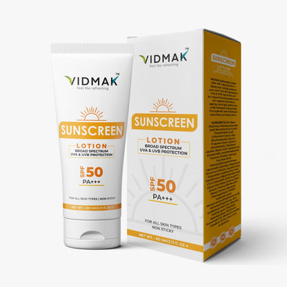 Vidmak SPF 50+++ Sunscreen lotion with Niacinamide, Chamomile, Witch Hazel & Licorice extract | Lightweight, Non-Greasy Sun Protection | Prevents Tanning, Fights Pigmentation & Soothes Skin | Suitable for Men & Women – 60g