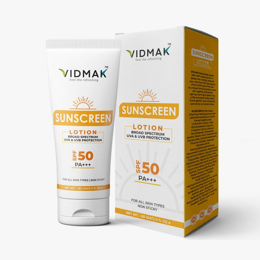 Vidmak SPF 50+++ Sunscreen lotion with Niacinamide, Chamomile, Witch Hazel & Licorice extract | Lightweight, Non-Greasy Sun Protection | Prevents Tanning, Fights Pigmentation & Soothes Skin | Suitable for Men & Women – 60g