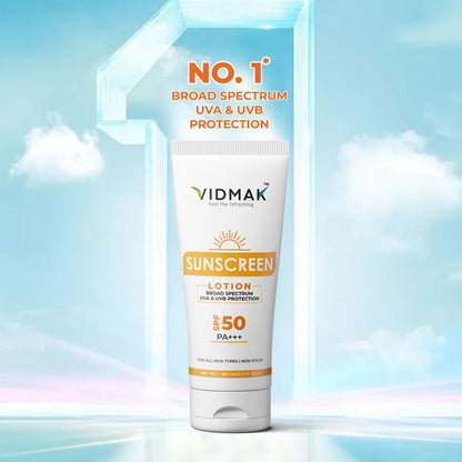 Vidmak SPF 50+++ Sunscreen lotion with Niacinamide, Chamomile, Witch Hazel & Licorice extract | Lightweight, Non-Greasy Sun Protection | Prevents Tanning, Fights Pigmentation & Soothes Skin | Suitable for Men & Women – 60g